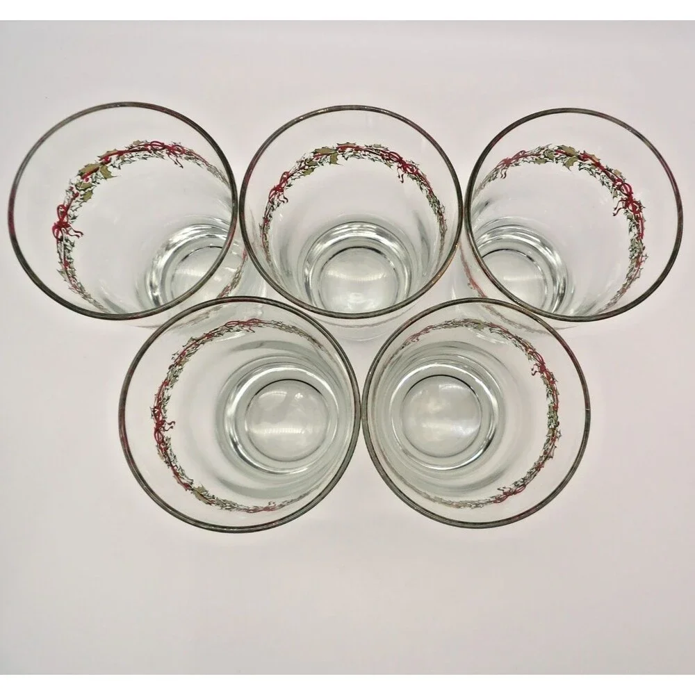 Vtg Libbey Christmas Holly Wreath Tumblers Set of 5 Heavy Base Highball Glasses
